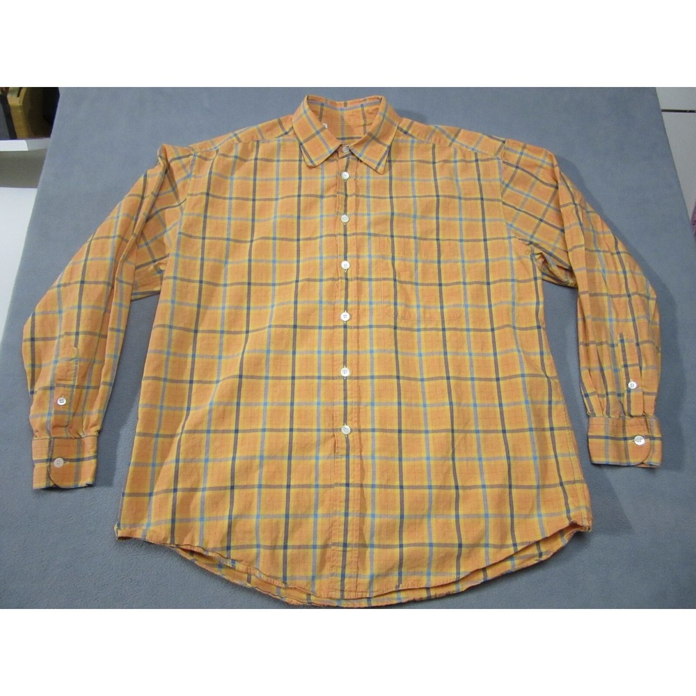 Ermenegildo Zegna Shirt Mens Large Orange Plaid Long Sleeve Collared Button-Up